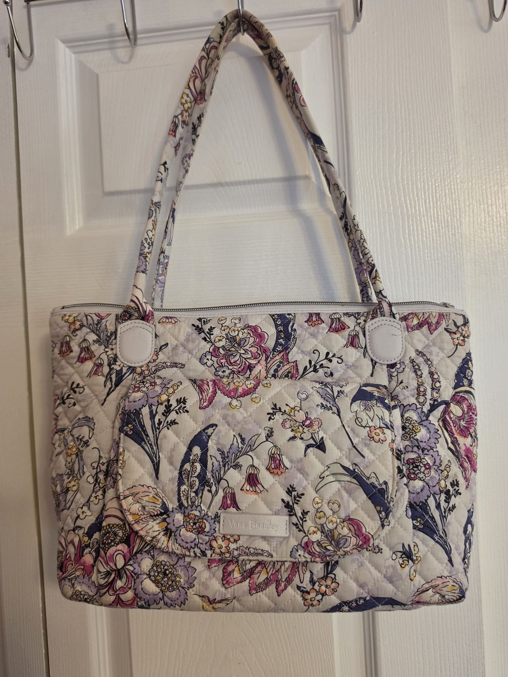 Vera Bradley Cream Quilted Floral Tote with Pink and Purple Accents